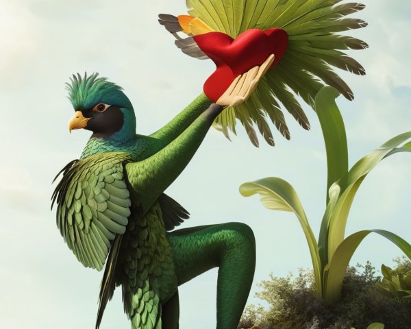 Vibrant Fantastical Bird with Heart-Shaped Object