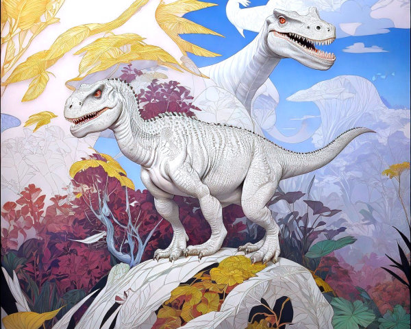 Dinosaur Creatures in a Vibrant Fantasy Landscape