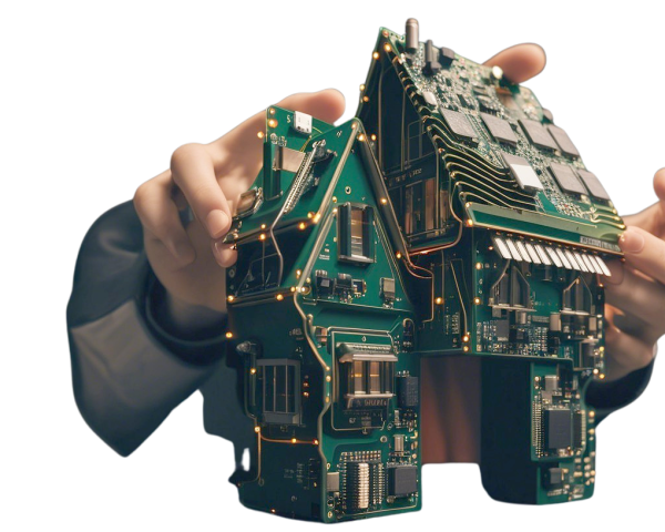 Hands Holding a Circuit Board Model House Design