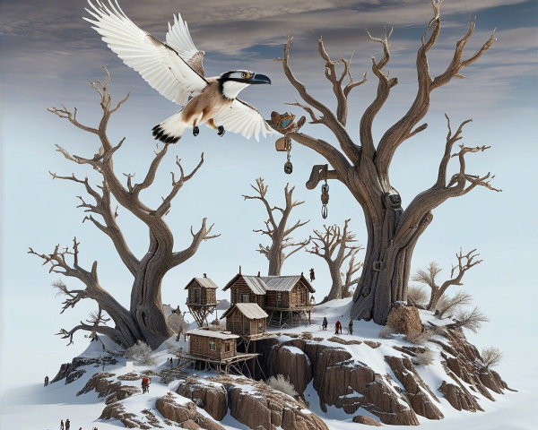 Whimsical Wintry Landscape with Fantasy Elements