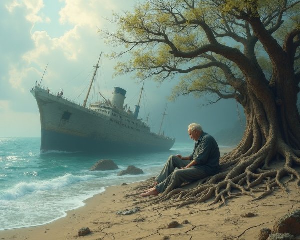 Elderly Man Reflects Beneath Tree by Shipwrecked Vessel