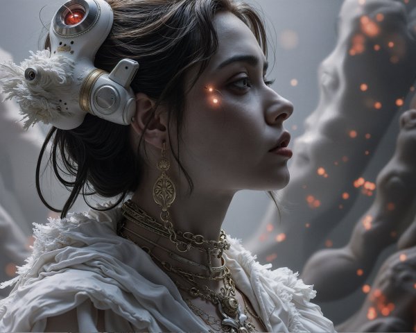 Profile of a woman with intricate jewelry and headpiece