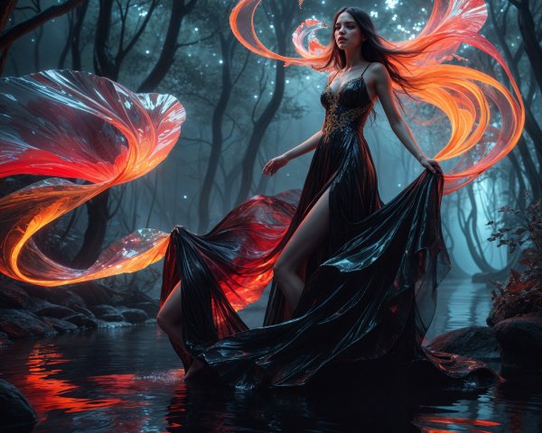 Mystical Forest Scene with Woman in Black Gown