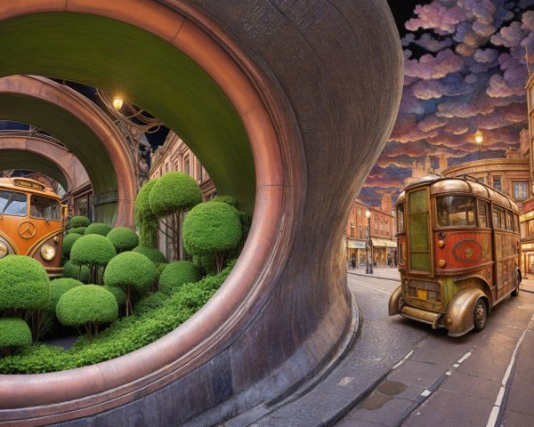 Surreal Urban Landscape with Curved Architecture and Vintage Vehicles