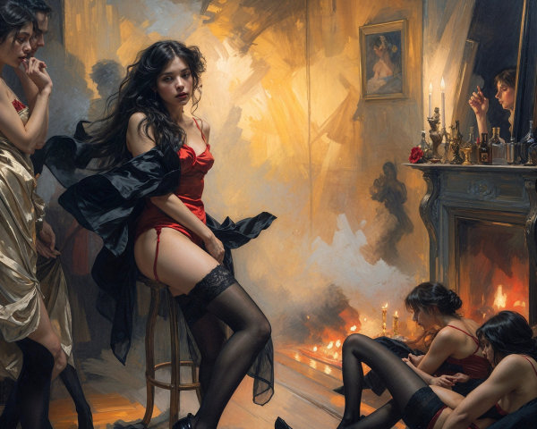 Dramatic Room with Candlelight and Elegant Figures