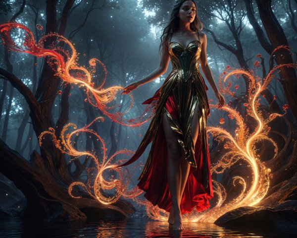 Mystical Forest Scene with Flowing Hair and Flames
