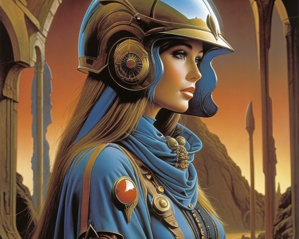 Futuristic Warrior Woman in Dramatic Sunset Setting