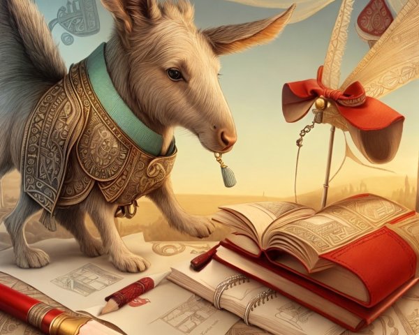 Fantastical Dog in Elegant Vest Examines Open Book