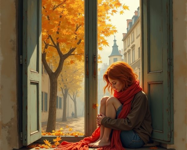 Autumn Scene of a Woman in a Cozy Window Seat