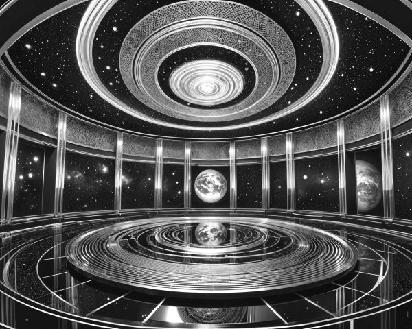 Futuristic Circular Room with Cosmic Ambiance and Globe