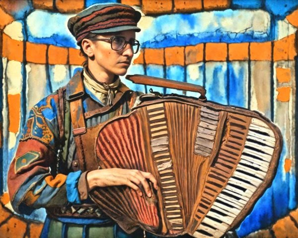 Musician Playing Accordion Against Stained Glass Backdrop