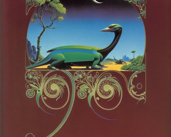 Surreal Landscape with Dinosaur-like Creature and Moon