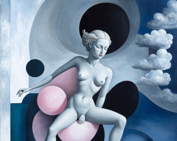 Nude Figure Surrounded by Geometric Shapes and Clouds