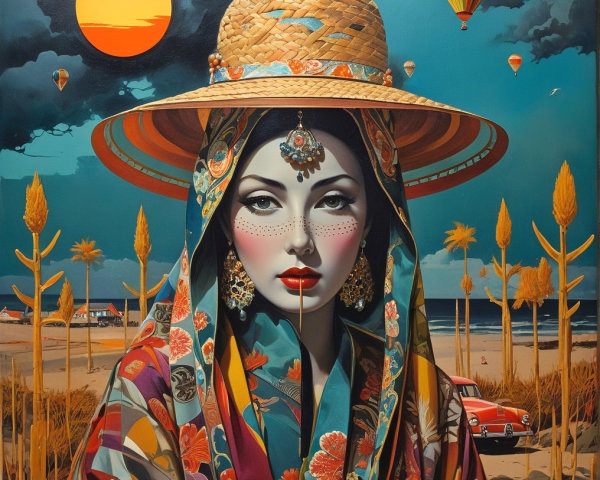 Vibrant Traditional Clothing and Surreal Landscape