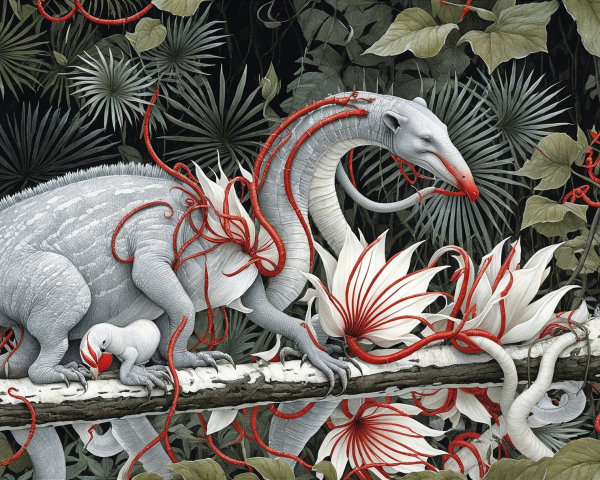 Surreal Dinosaur-Like Creature Among Vibrant Foliage