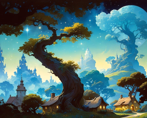 Whimsical Landscape with Cottages and Castles at Night