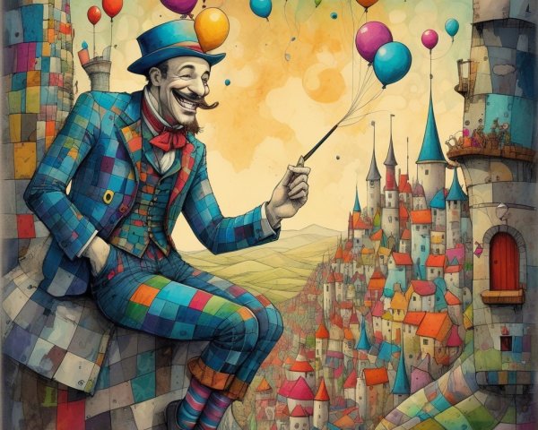 Colorful Illustration of a Man with Balloons and Castle