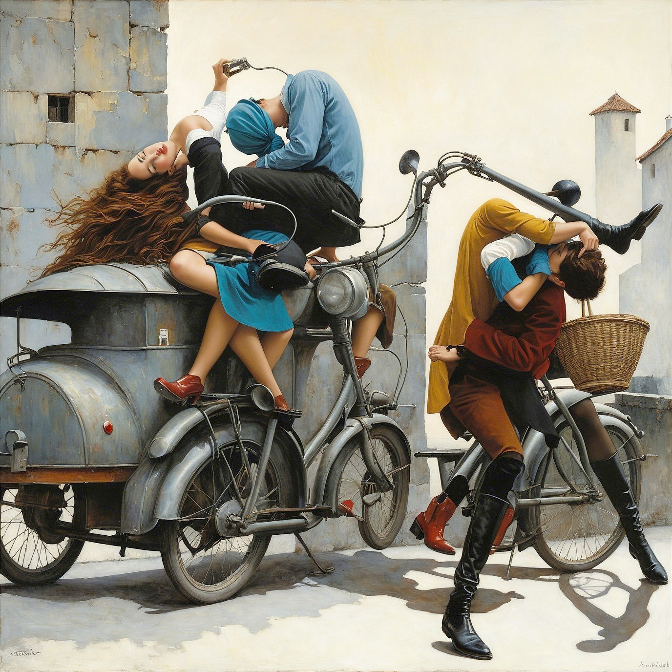 Dynamic Interaction on Vintage Motorbikes in Soft Colors