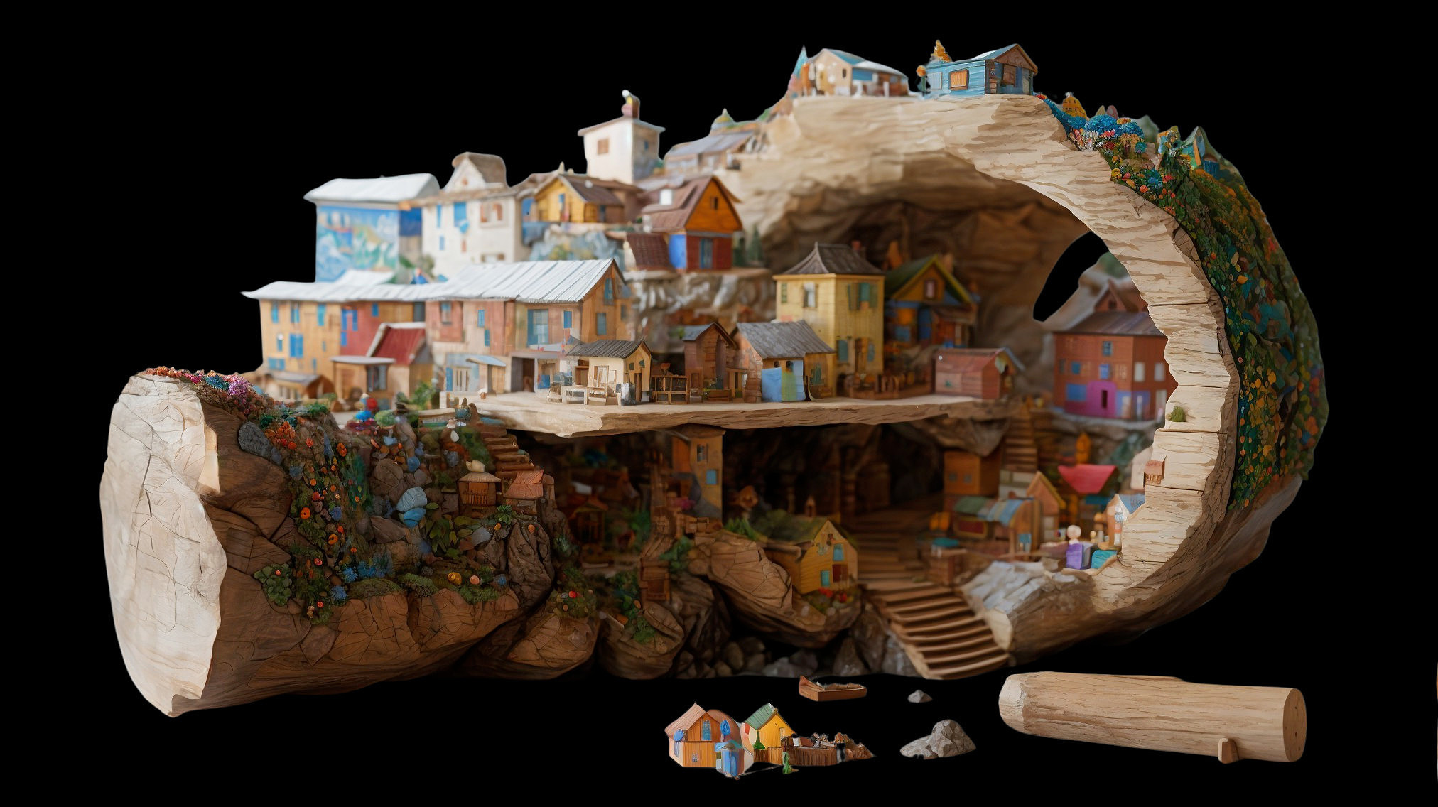 Intricate Miniature Village Carved from Wood