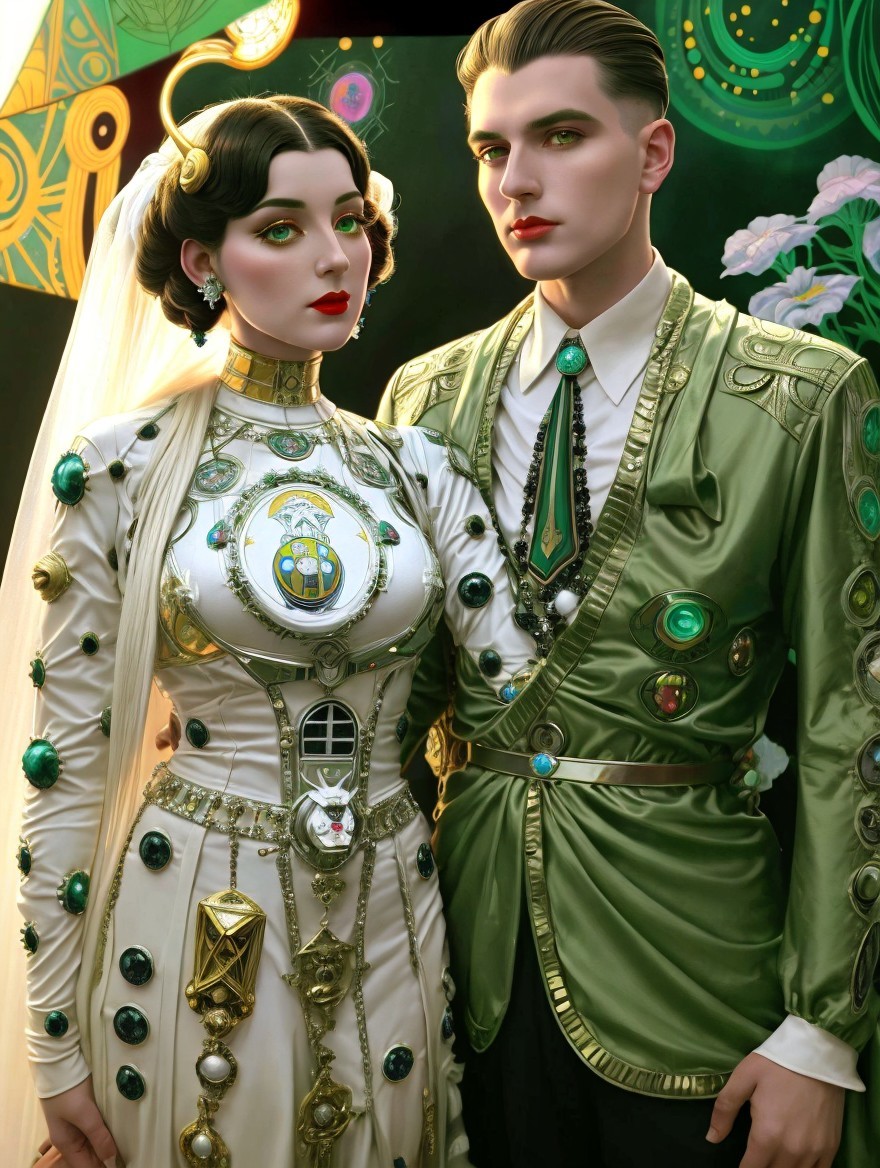 Elegant Couple in Opulent Outfits and Vibrant Jewels