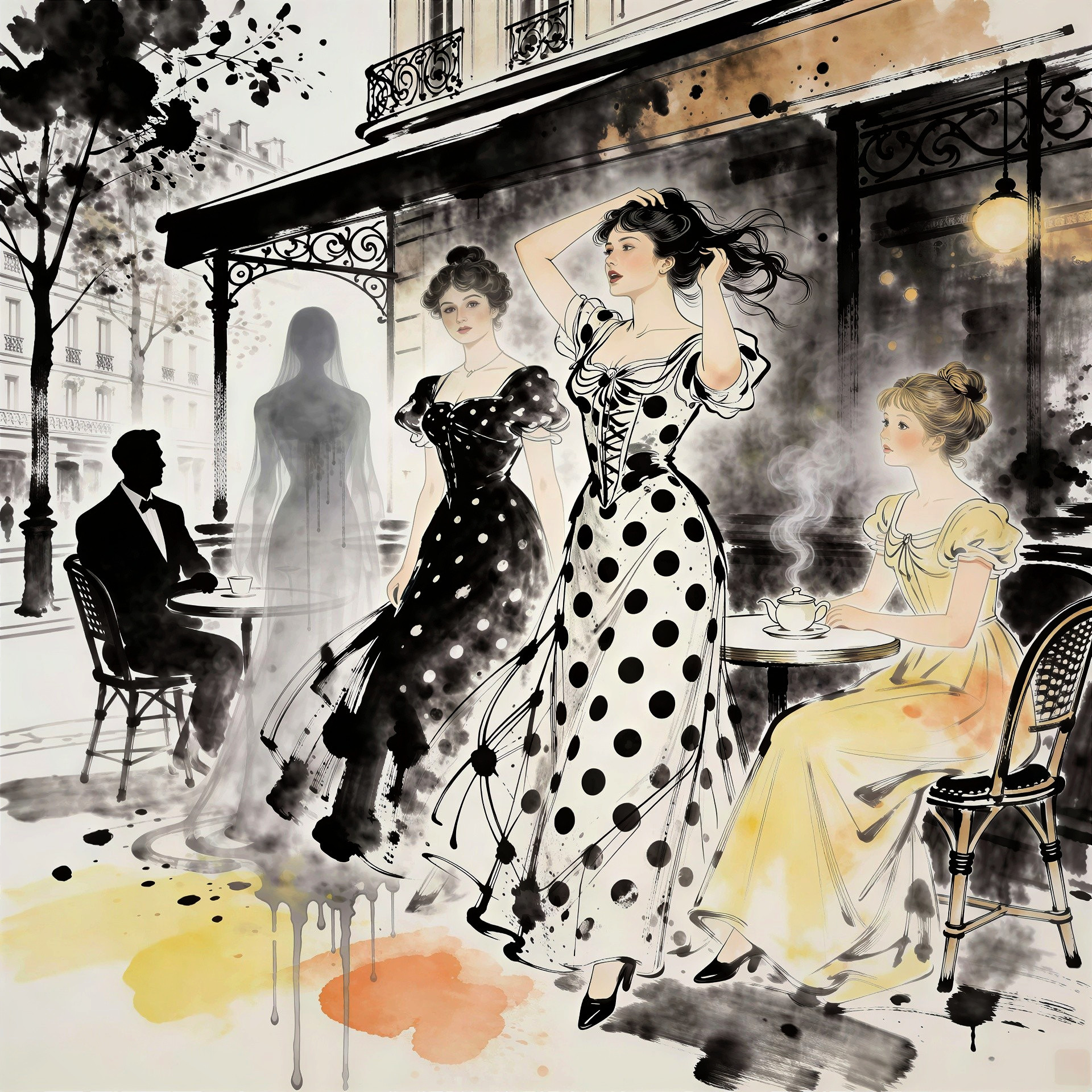 Watercolor Style Parisian Street Scene with Figures