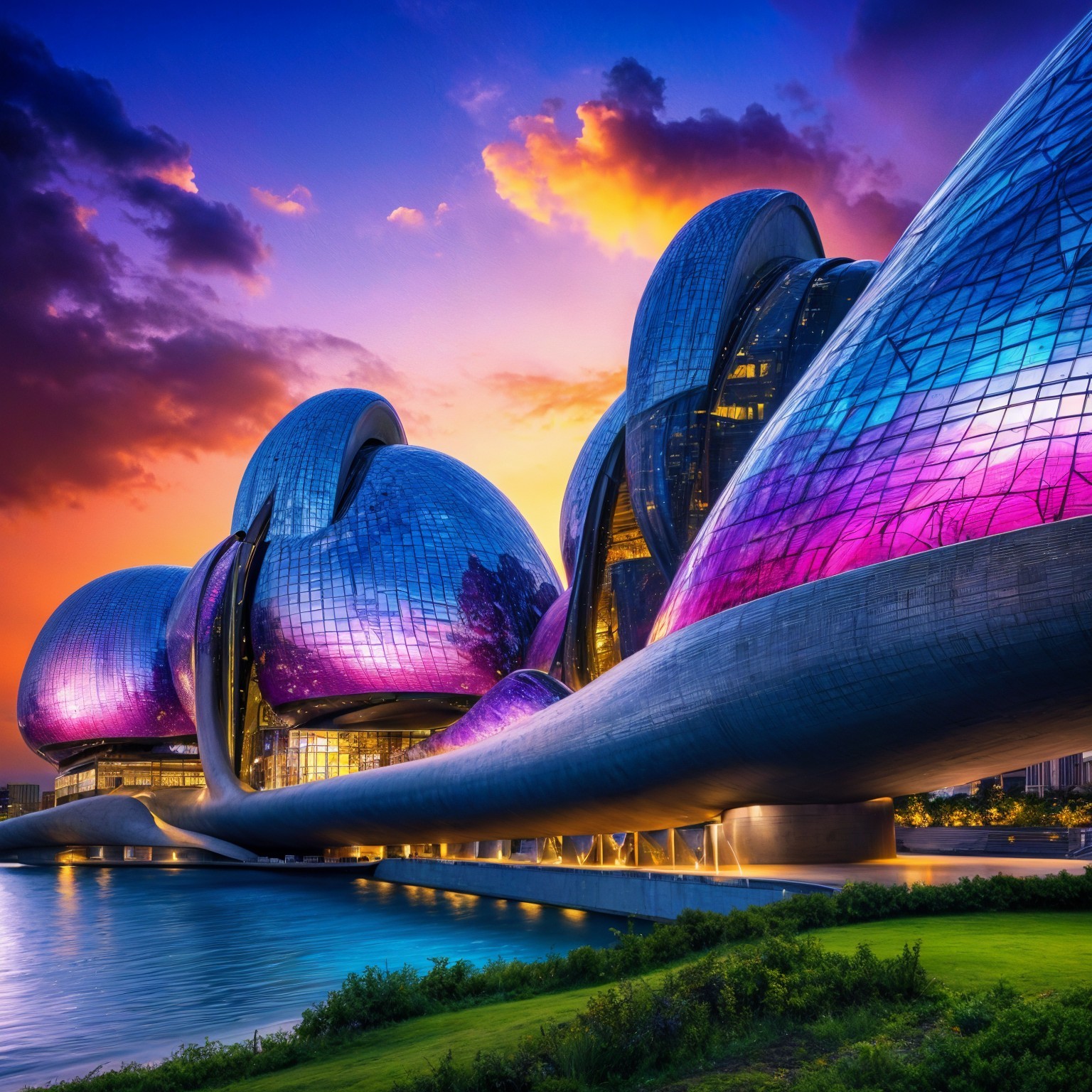 Modern architectural structure with glass facade at sunset