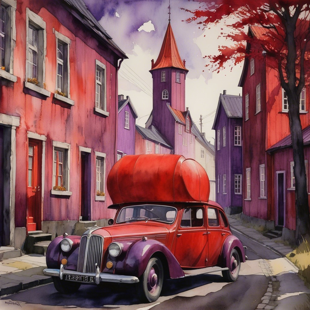 Vintage Car with Canoe in Colorful Street Scene