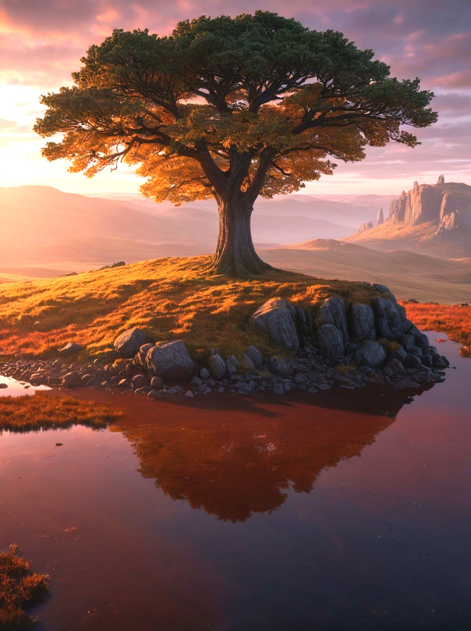 Solitary Tree on Rocky Island at Dawn with Pond