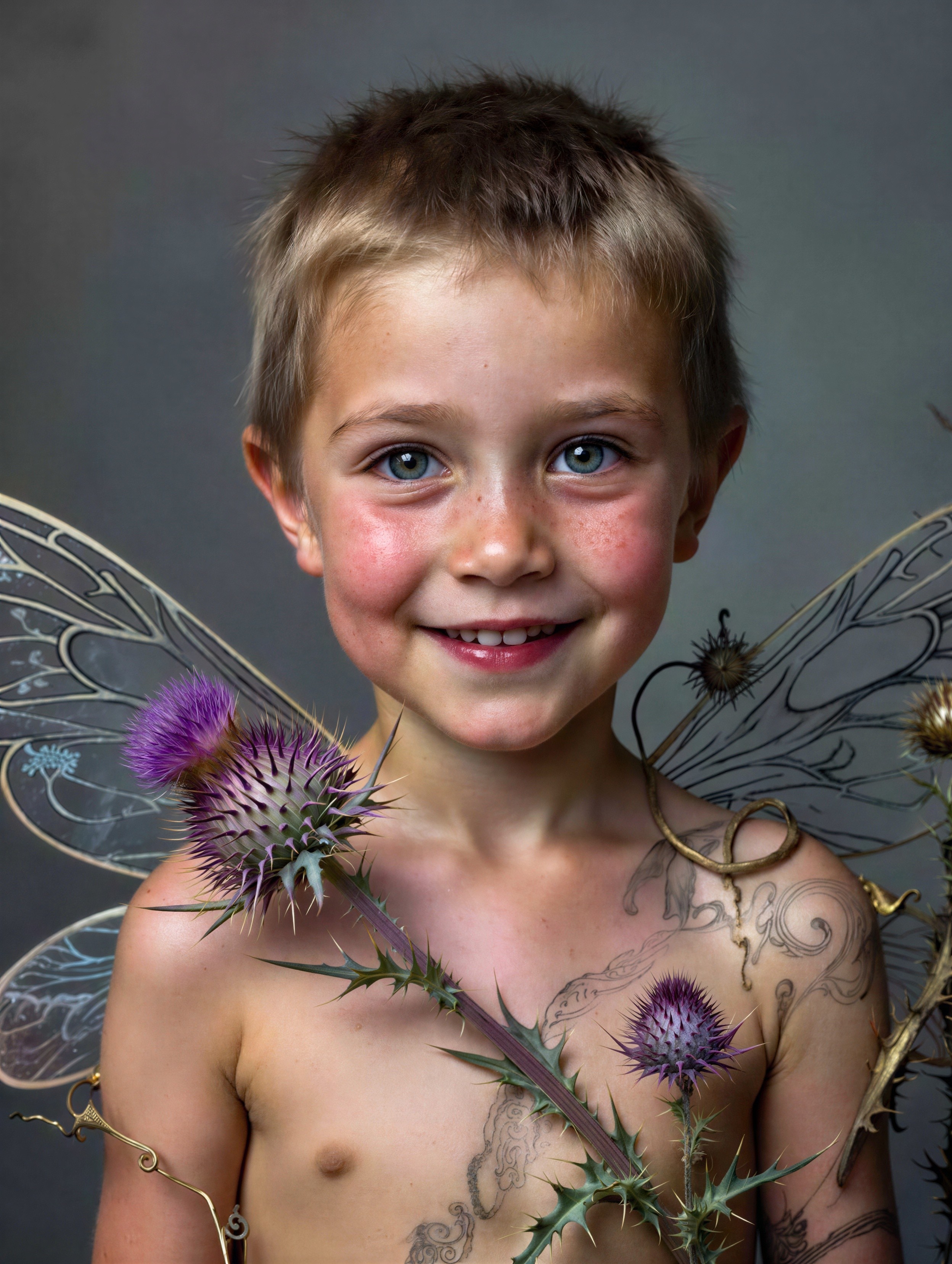 Portrait of a Boy with Wings and Thistle Plants