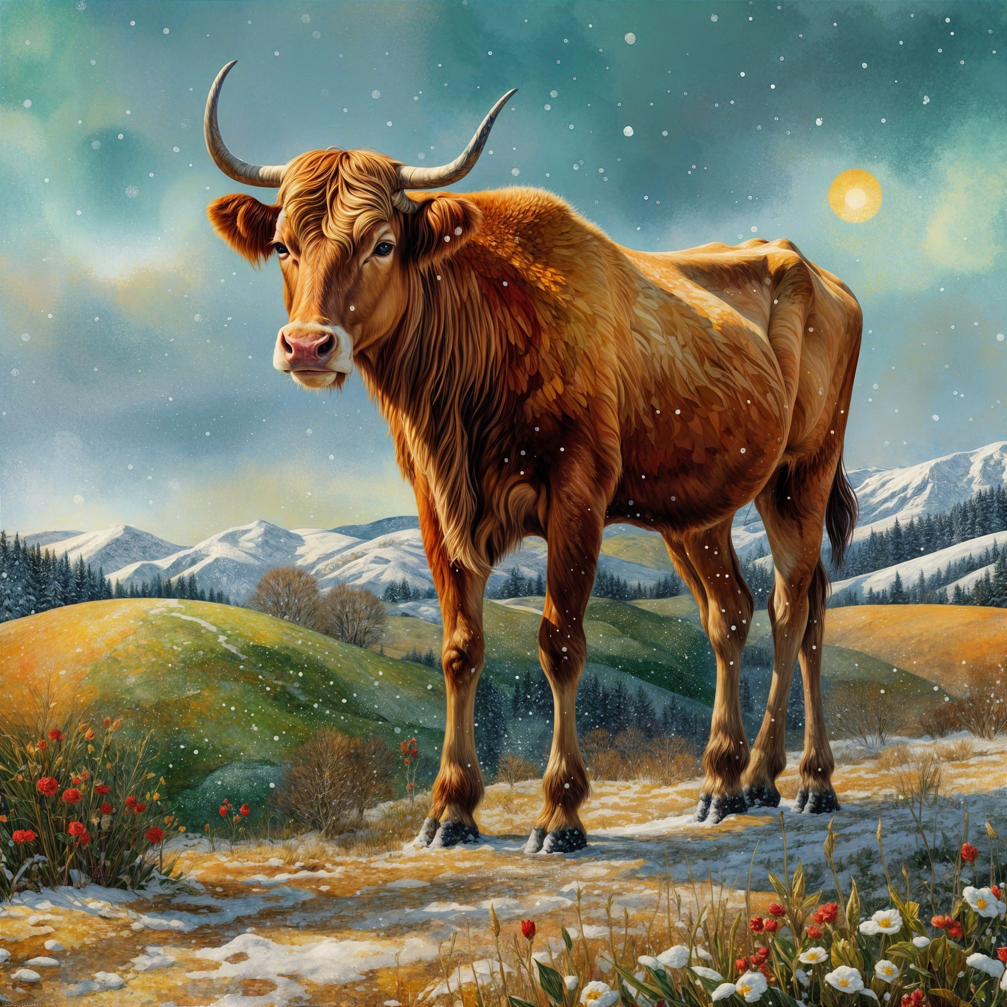Brown Cow in Winter Landscape with Snowfall and Sunlight