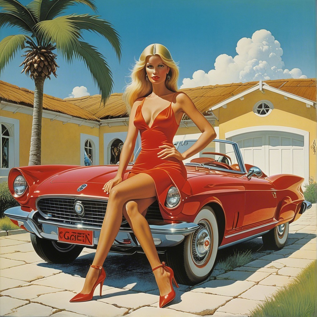 Blonde Woman in Red Dress by Classic Convertible Car