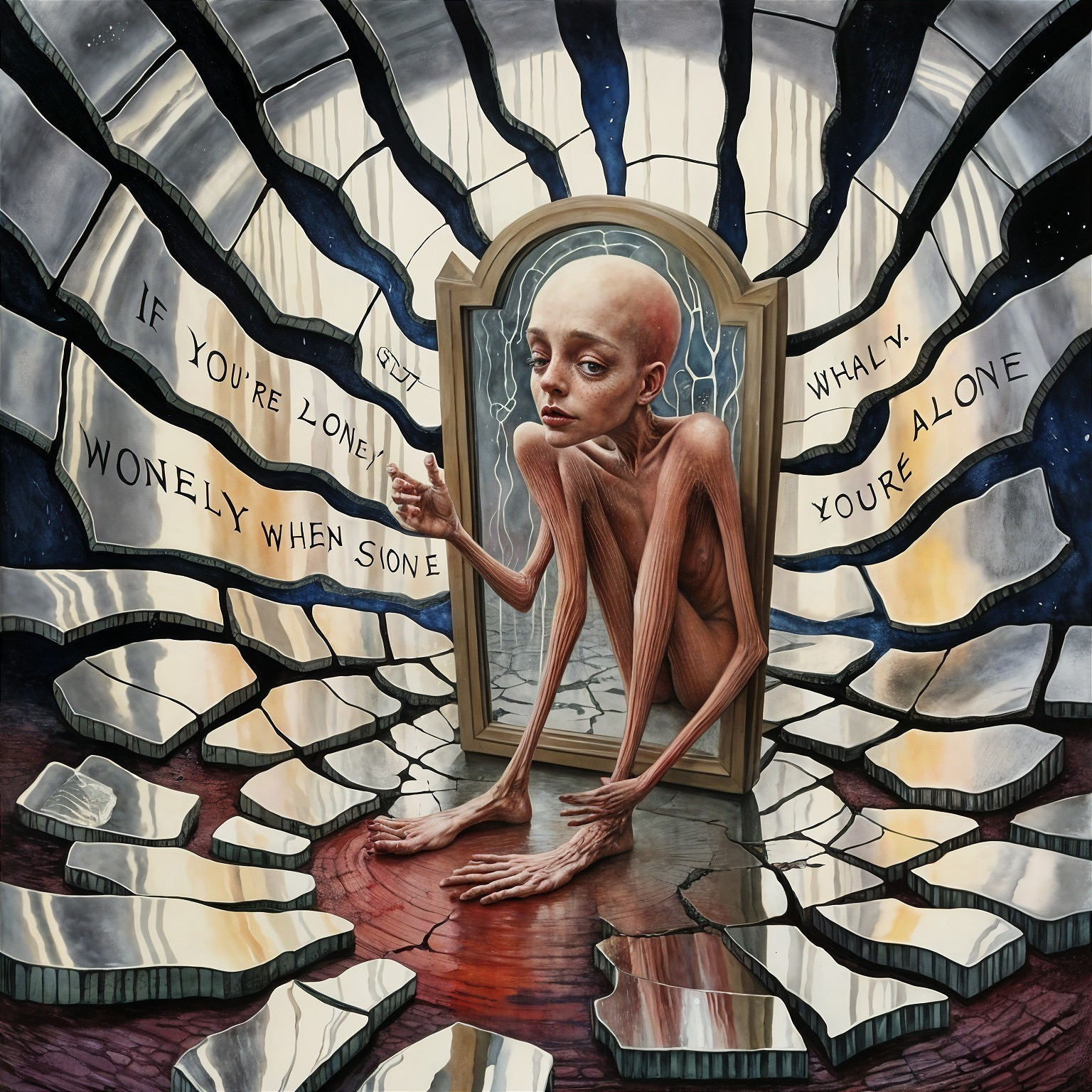 Surreal Creature in Fragmented Mirror Symbolizing Isolation