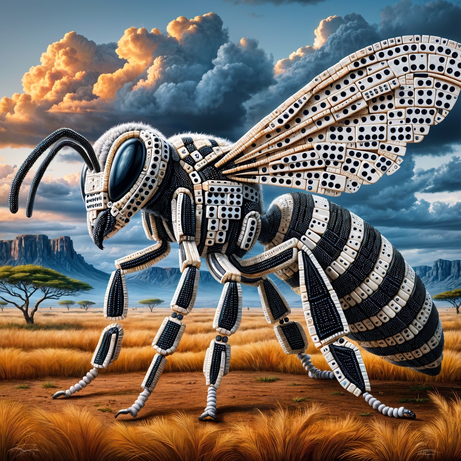 Oversized Bee Sculpture in Golden Grassland Scene