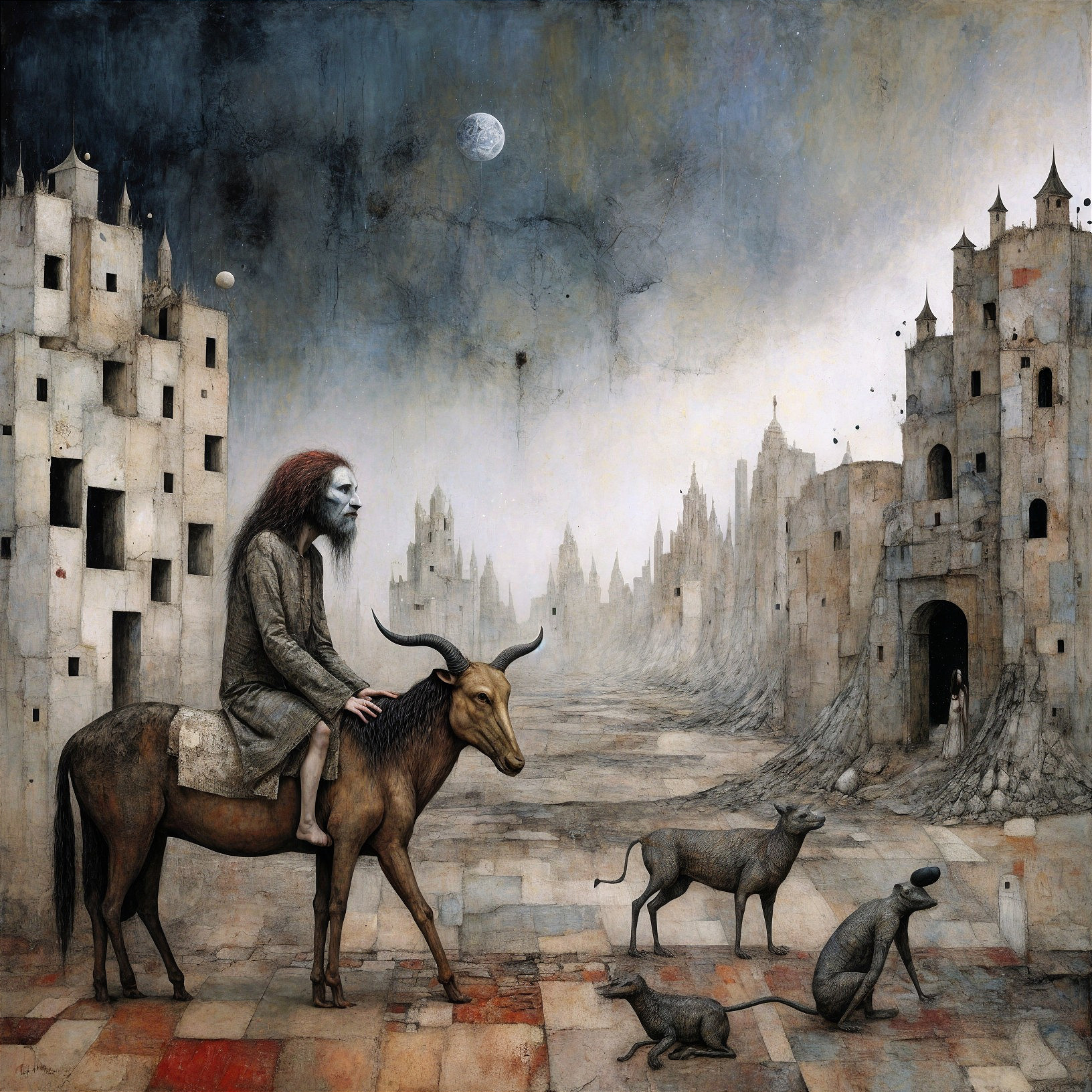 Surreal Landscape with Figure Riding a Bull at Night