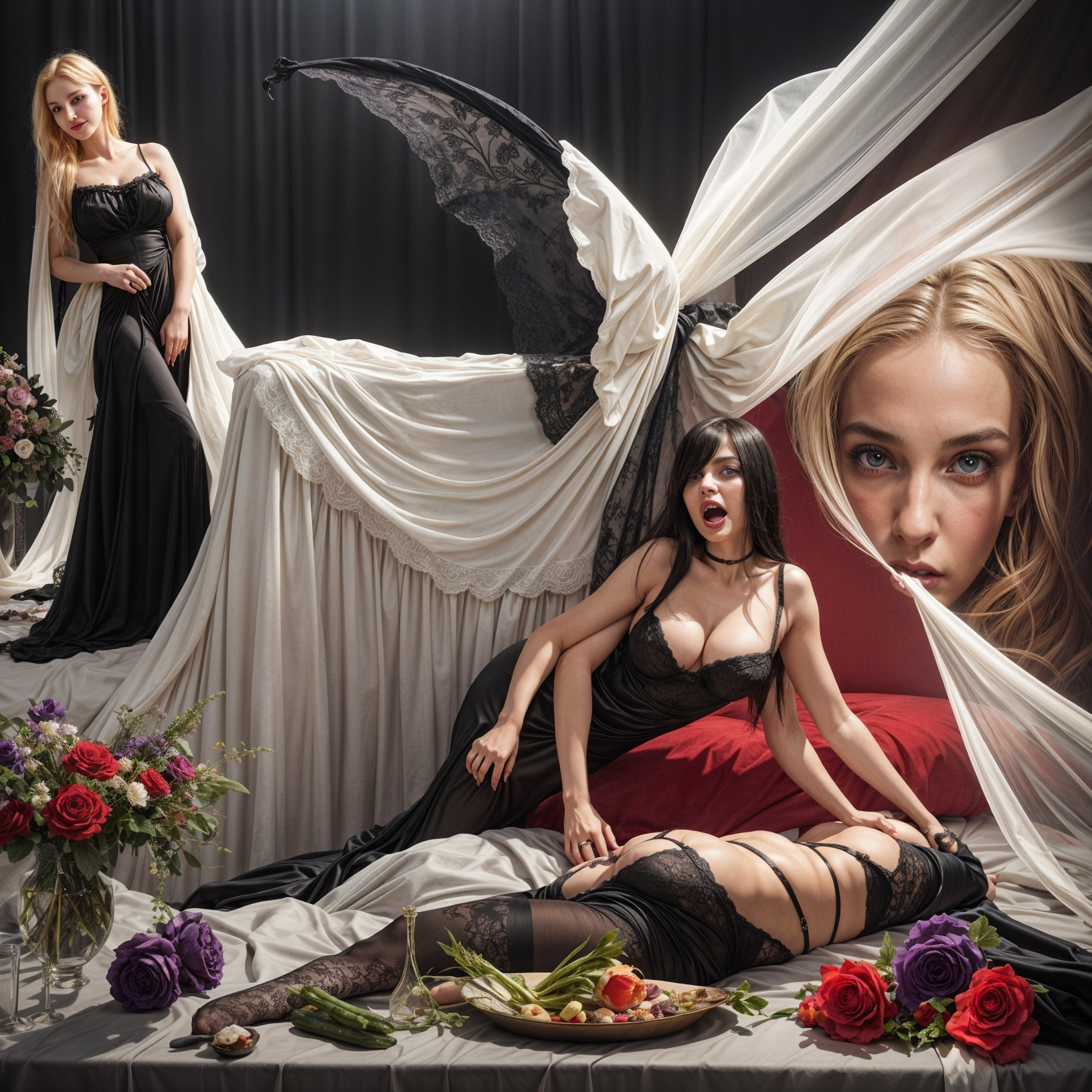 Dramatic Surreal Scene with Women in Black Gowns