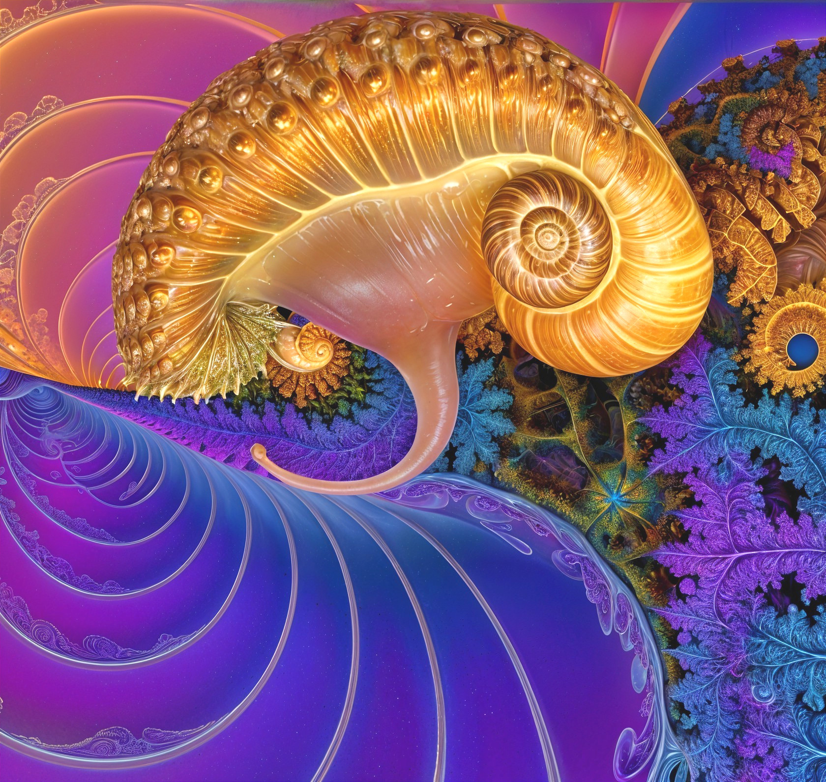 Golden Nautilus Shell Surrounded by Fractal Patterns