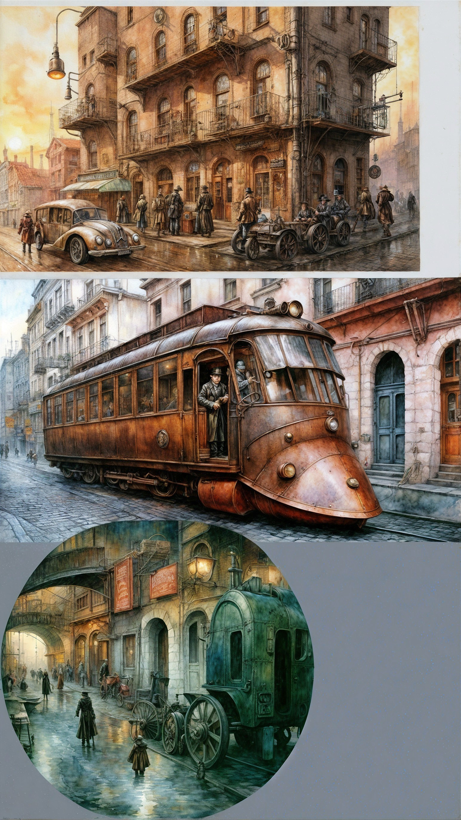 Vintage Urban Scene with Cityscape and Tram