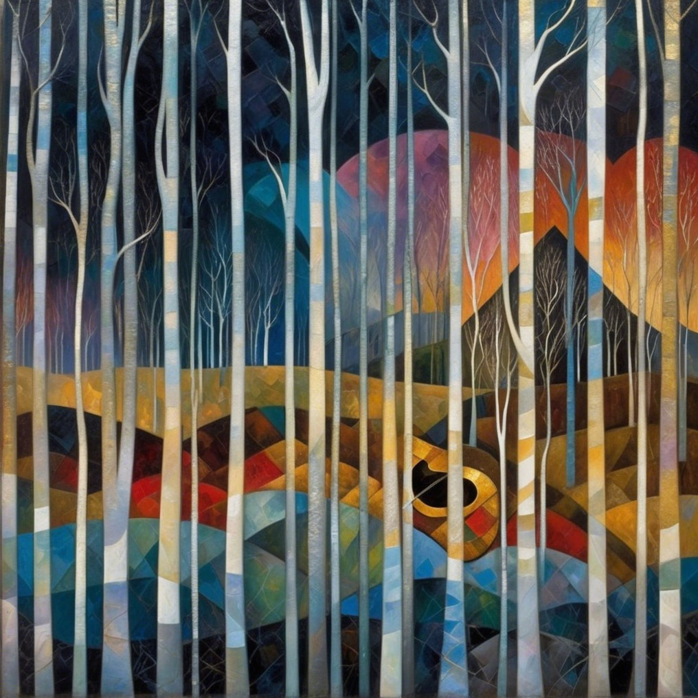 Abstract Landscape with White Trees and Geometric Mountain