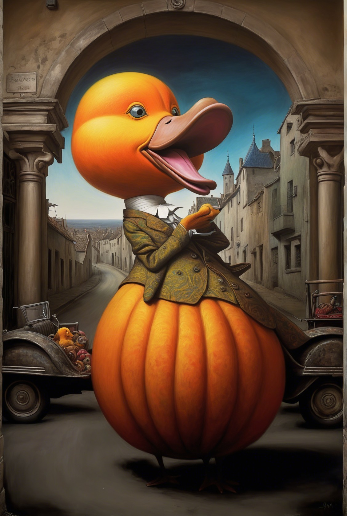 Oversized duck character in tailored suit on quaint street