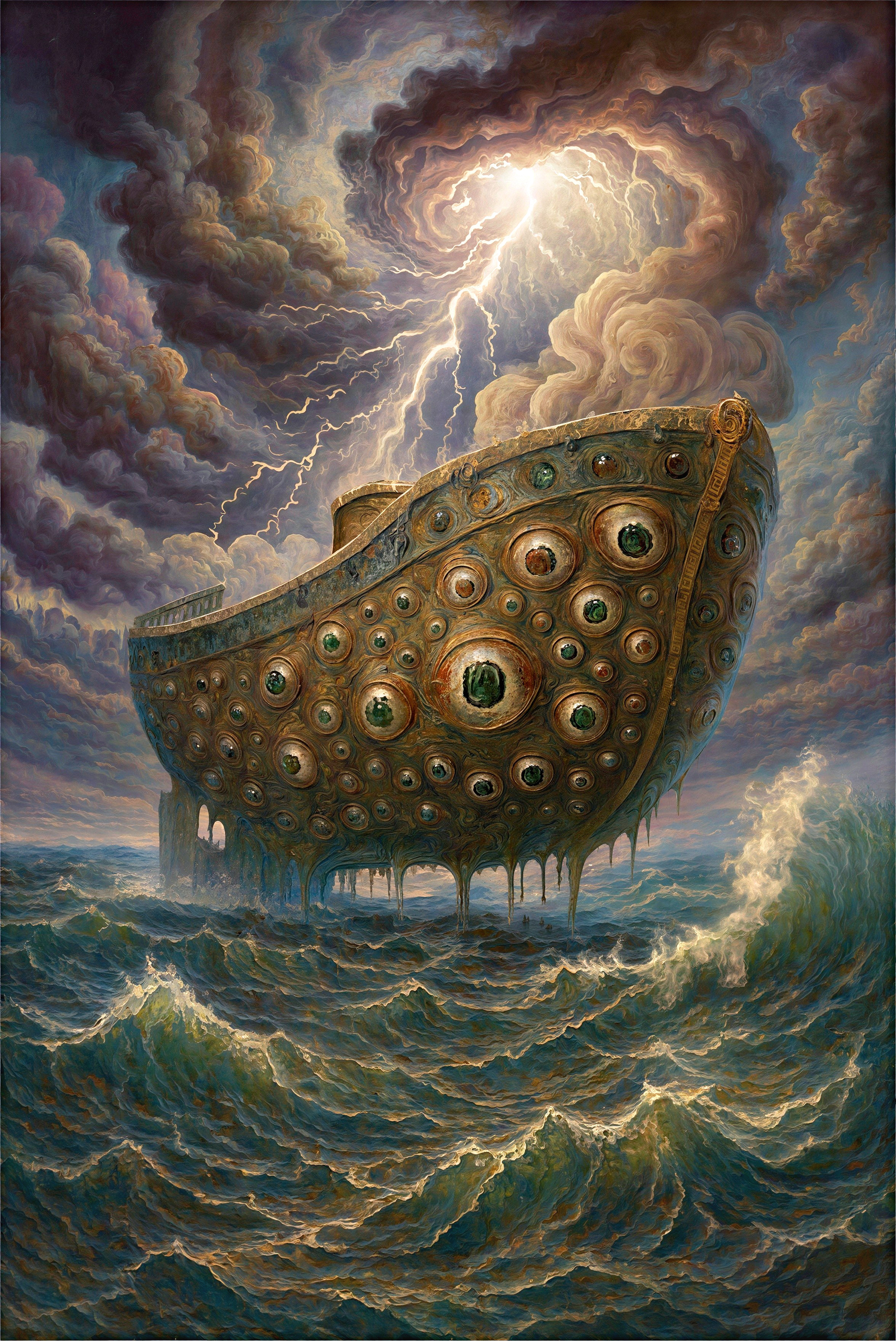 Abstract Horror Fantasy Oil Painting of Eyed Ship