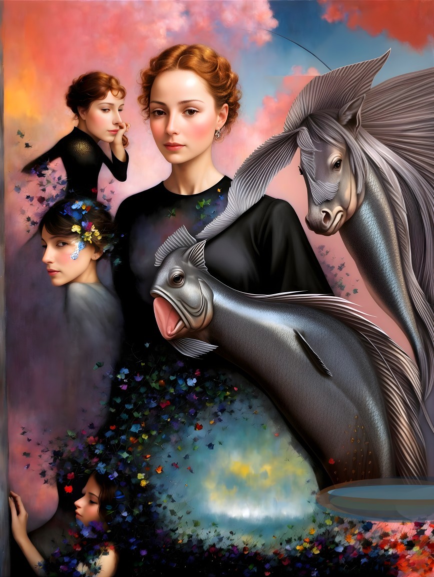 Surreal Artwork of Elegant Woman Surrounded by Fantasy Elements