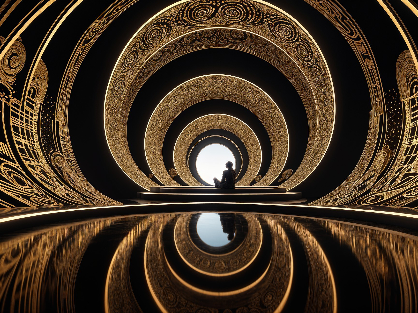 Circular Tunnel with Golden Patterns and Contemplative Figure