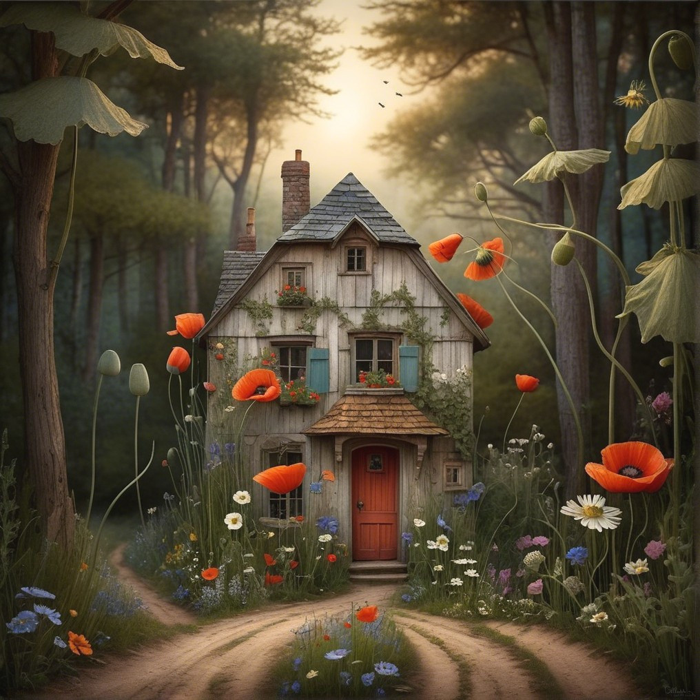 Whimsical Cottage Surrounded by Lush Forest and Flowers