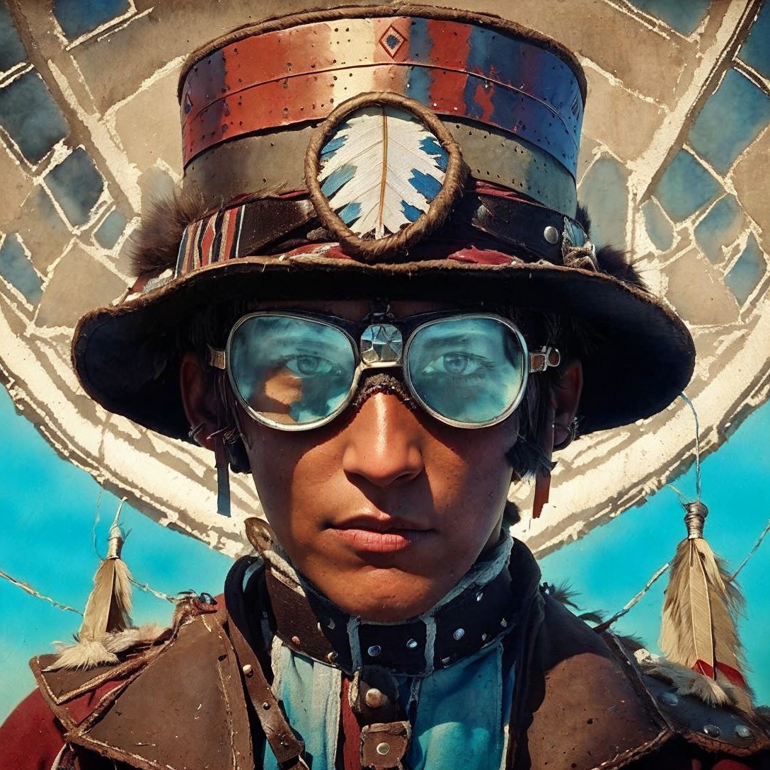 Young person with elaborate hat and vibrant background