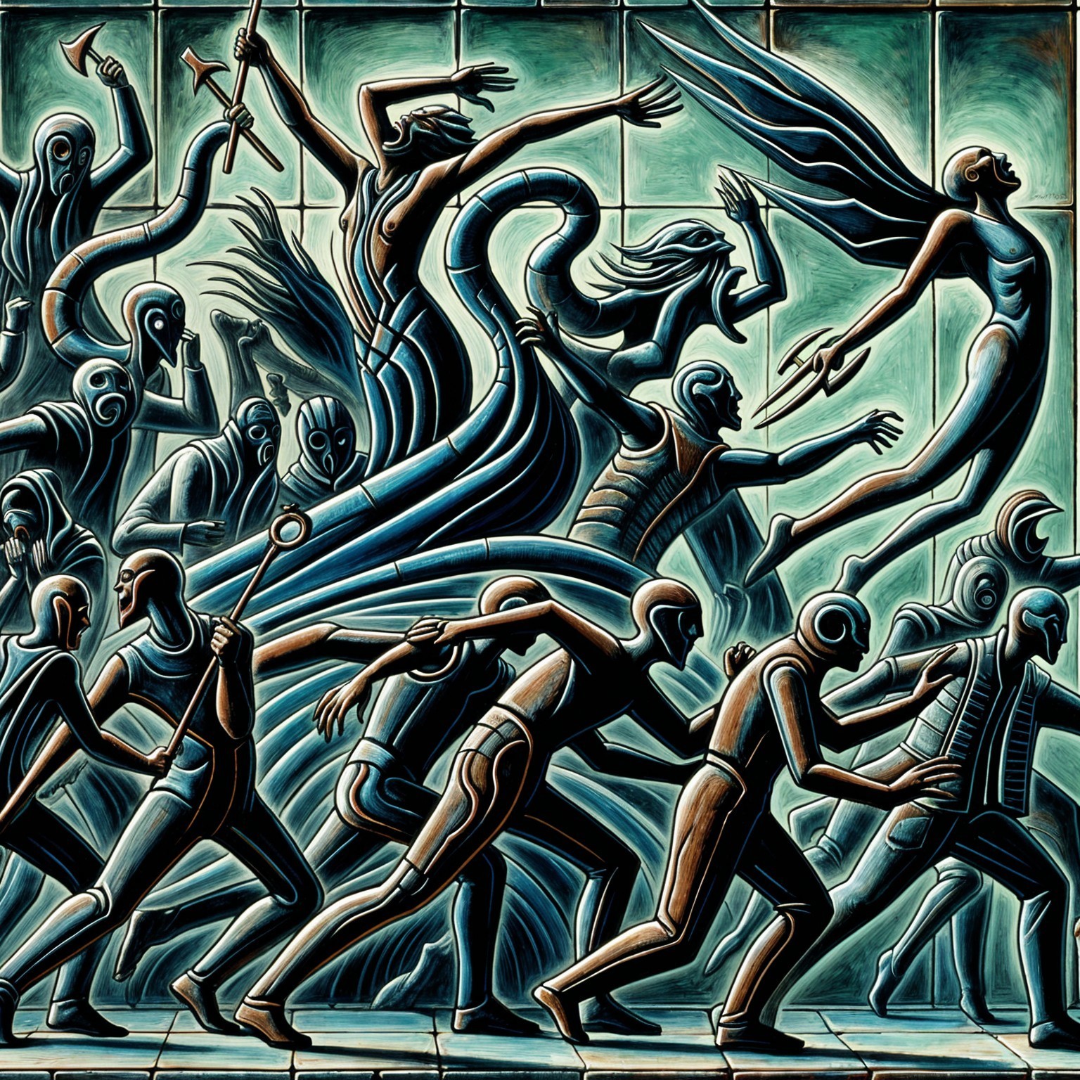 Dynamic Scene of Figures in Motion and Abstract Forms