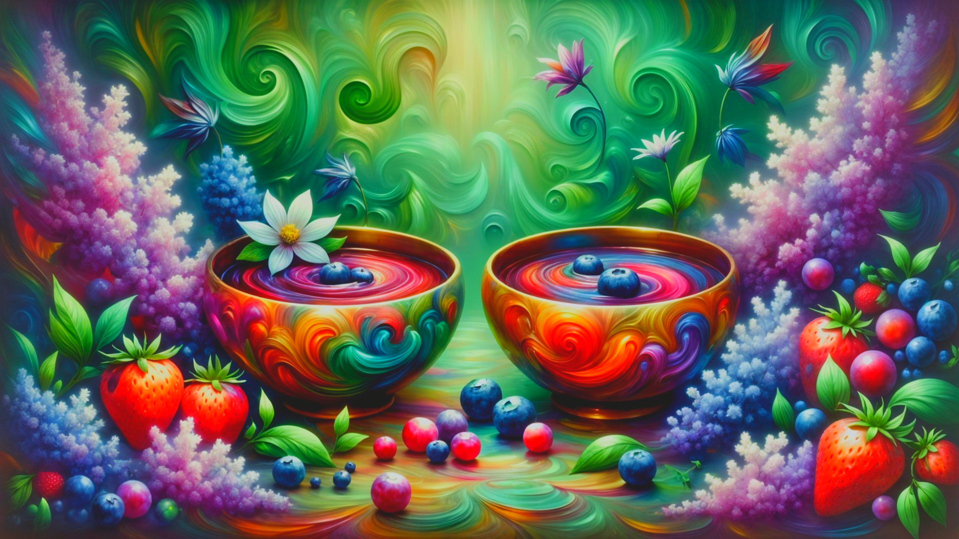Vibrant Bowls of Colorful Liquid with Berries and Flowers