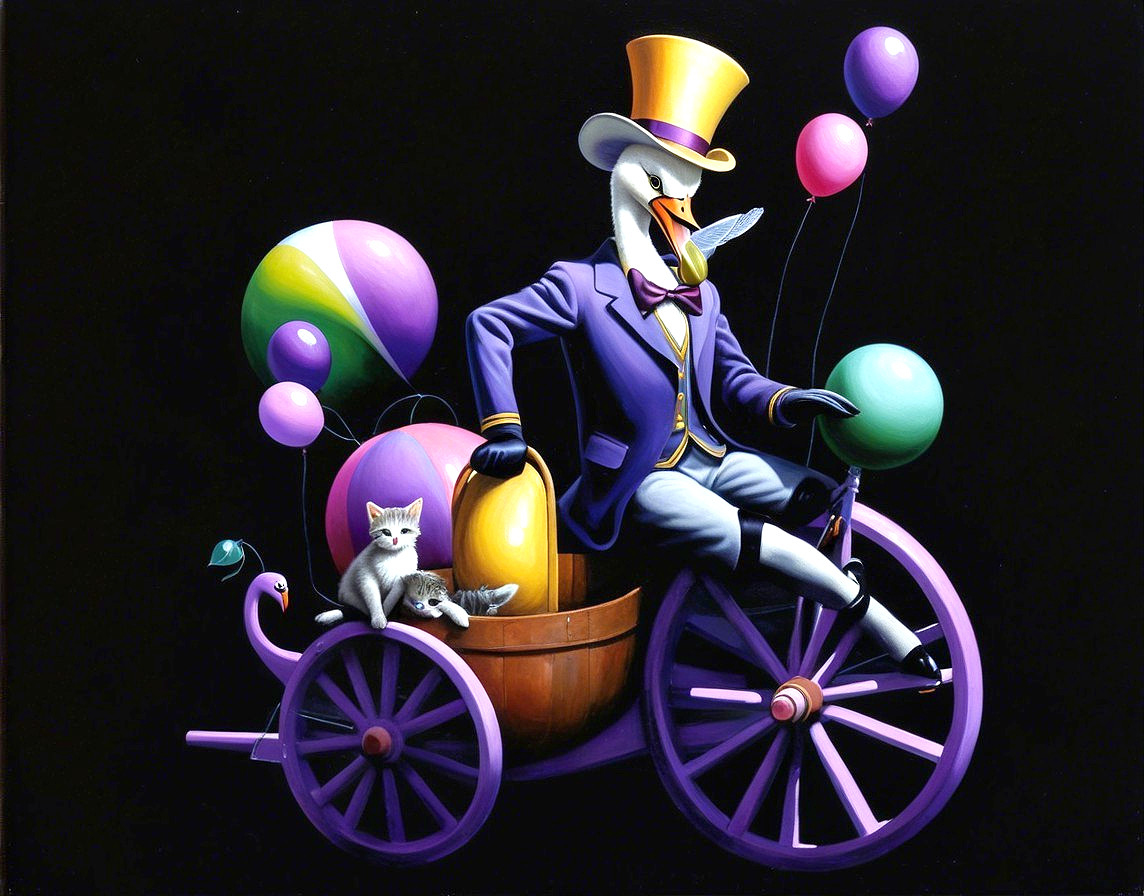 Dapper Swan in Suit with Kitten in Colorful Cart