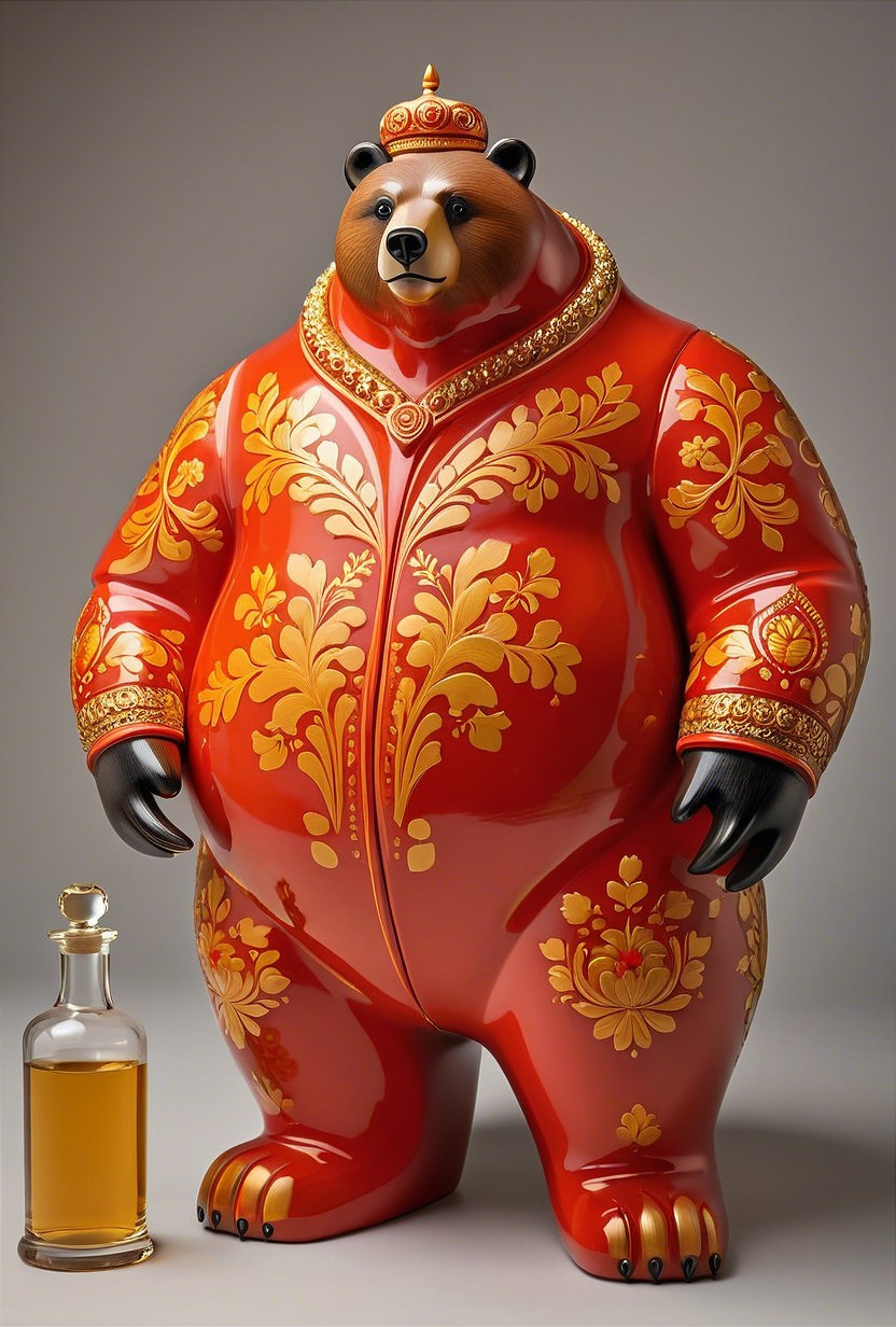 Stylized bear in red garment with golden patterns
