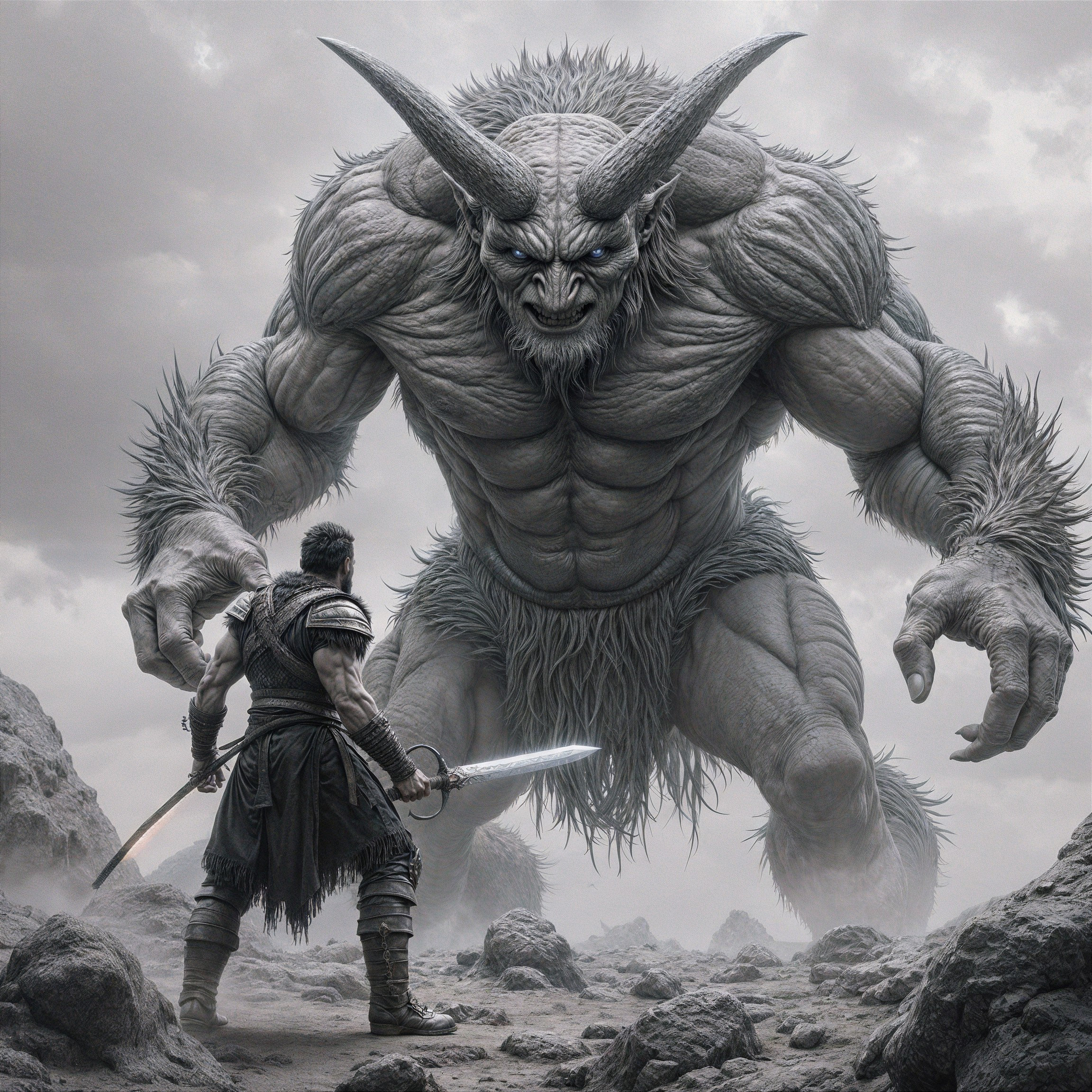 Epic Confrontation Between Warrior and Monstrous Beast