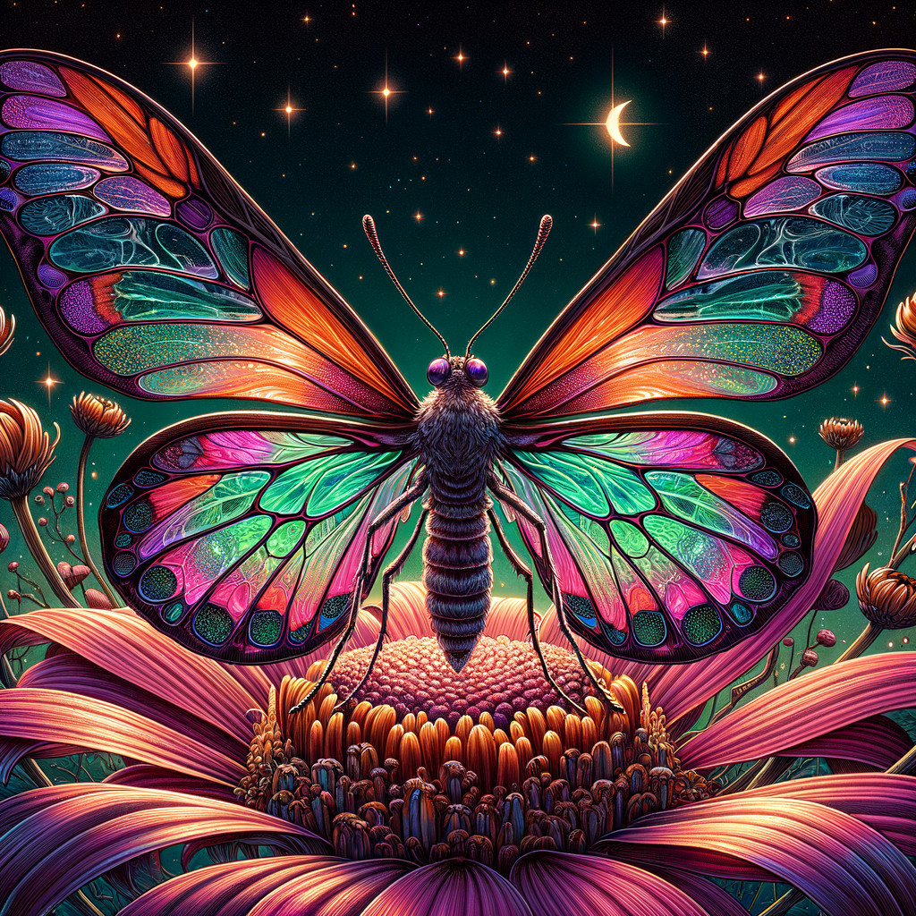 Vibrant Butterfly on Colorful Flower Under Starry Sky